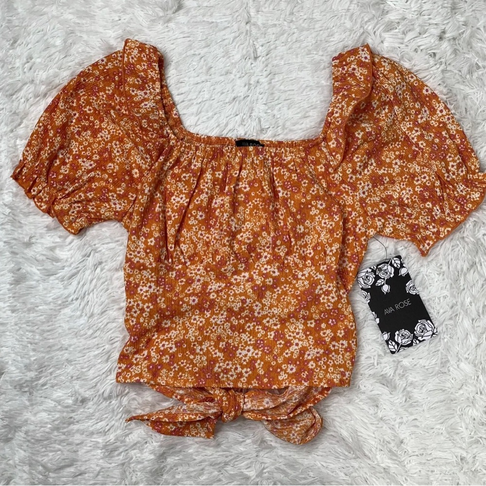 Ava Rose Womens Floral Summer Blouse Size L Large Orange Flower Shirt Tie Back